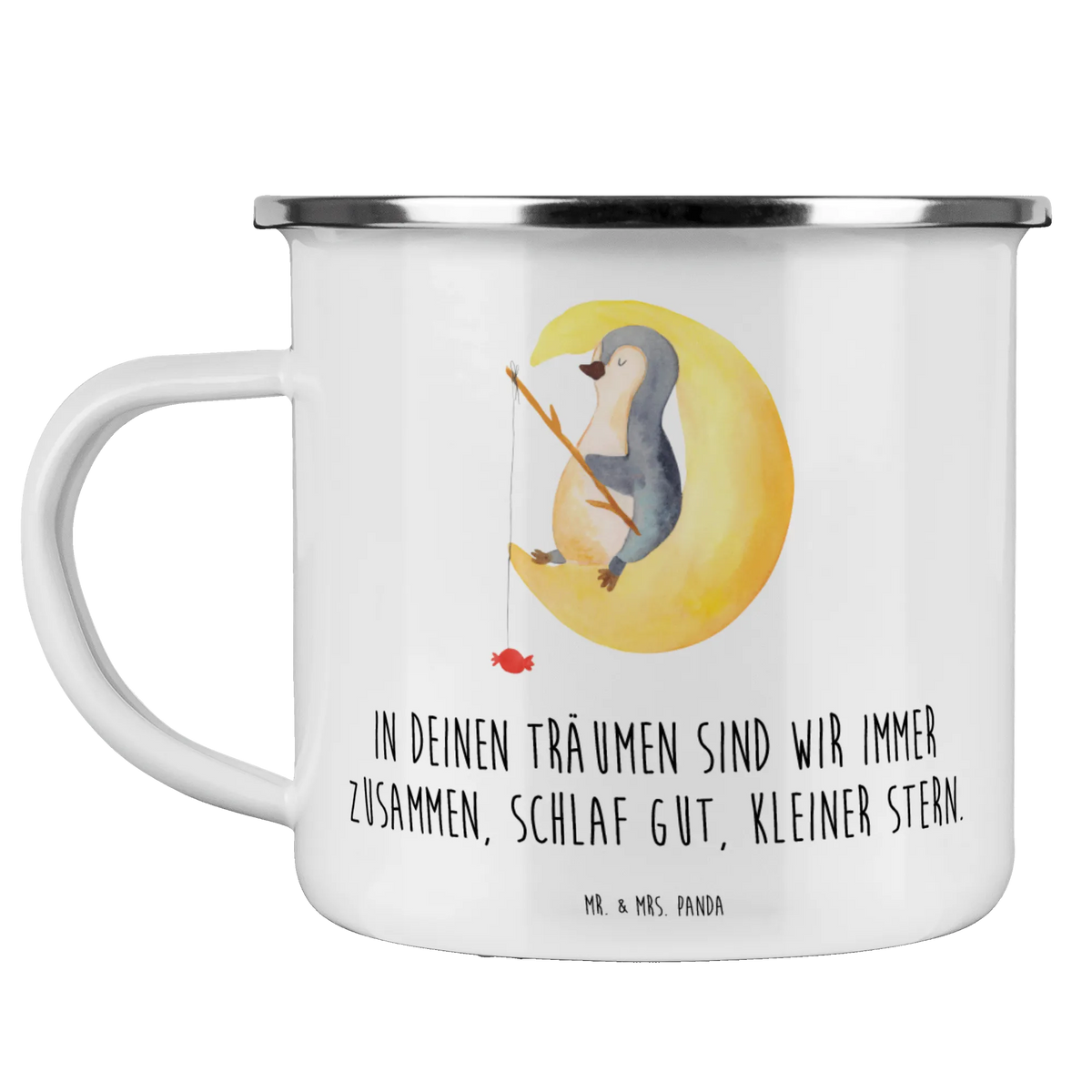 Camping Emaille Tasse Alleine schlafen lernen