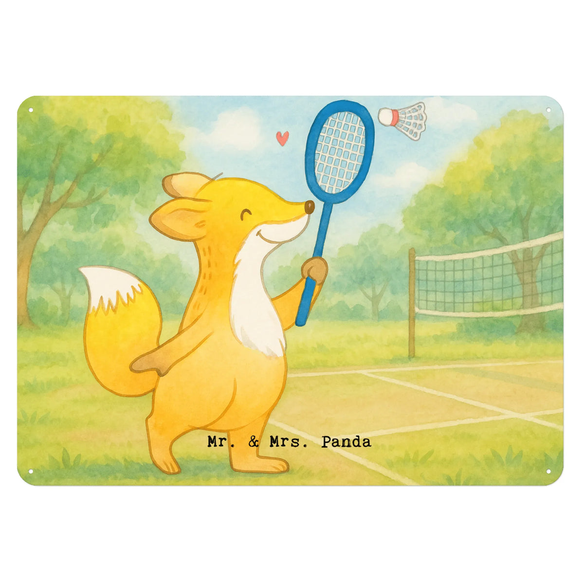 Tin sign Fox play badminton Design profit, athlete, thank you, Gift, award, giving, Play shuttlecock